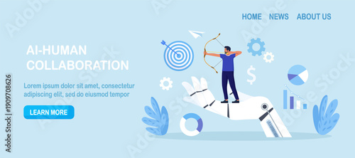 Businessman shoots bow standing on robotic arm. Collaboration between human and artificial intelligence. AI technology development. Business innovation, automation with Artificial Intelligence
