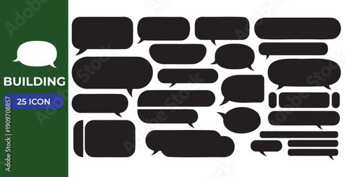 Collection of 25 diverse black speech bubble and chat box icons featuring a variety of shapes and sizes suitable for communication interfaces