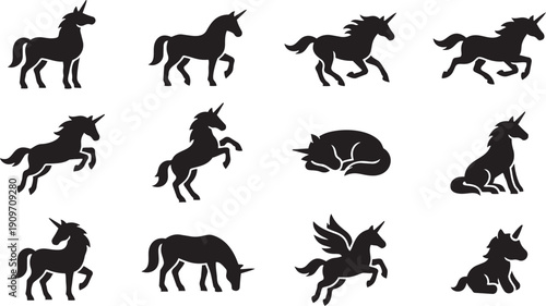 Collection of Silhouette Unicorns in Various Poses for Magical and Mythical Themed Designs