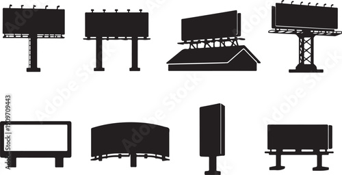 Comprehensive Billboard Silhouette Icon Set: Black Vector Graphics Collection of Diverse Outdoor Advertising Hoardings, Street Signs, and Empty Promotional Display Templates for Marketing Campaigns.