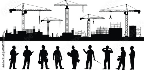 Construction Site Silhouette Set with Industrial Cranes Building Infrastructure and Engineer Worker Outlines Isolated on White Background for Architectural Development and Civil Engineering Graphics