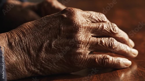 Close-up of weathered hand resting on a wooden surface, showing intricate textures