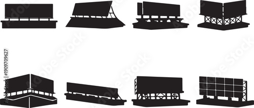 Essential Collection of 8 Billboard Silhouettes Vector Set: Versatile Black Icons for Outdoor Advertising, Roadside Promotion, Digital Screens, and Corner Hoarding Design Elements.
