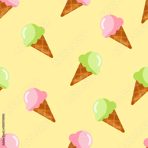 Seamless pattern with pastel ice cream cones, waffle texture, pink and green scoops for summer packaging, textiles, wallpapers, party invites and kids designs