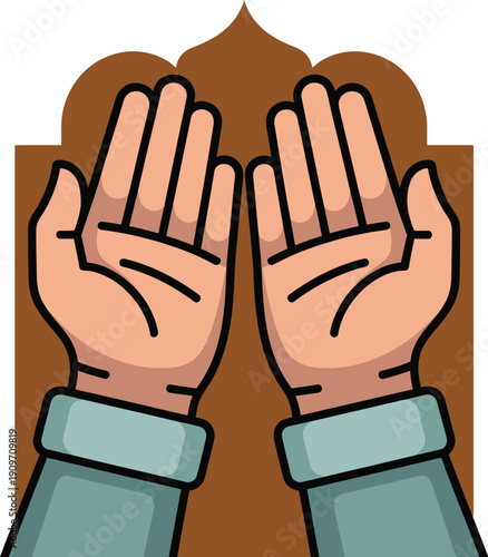 Islamic prayer hands gesture with arch background symbolizing faith and devotion