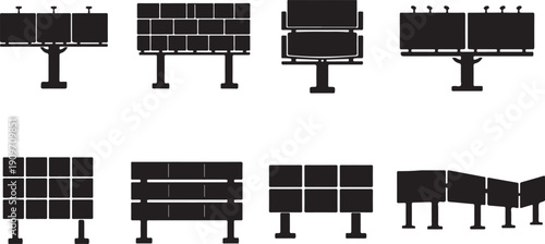Comprehensive Set of Billboard and Hoarding Vector Icons: Collection of Various Outdoor Advertising Signage Silhouettes for Marketing, Branding, and Commercial Communication Displays