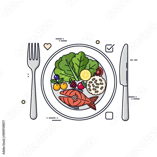 Balanced diet plate with fish, salad, rice, and berries