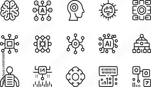 Print Minimalist AI and Machine Learning Icon Set Featuring Neural Networks Human Cognitive Processing Digital Circuits and Data Analytics Symbols