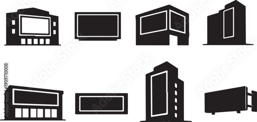 Premium Vector Set of Billboard and Digital Display Silhouettes: Isolated Black Icons for Outdoor Advertising, Urban Signage, OOH Media Campaigns, and Modern Marketing Technology.