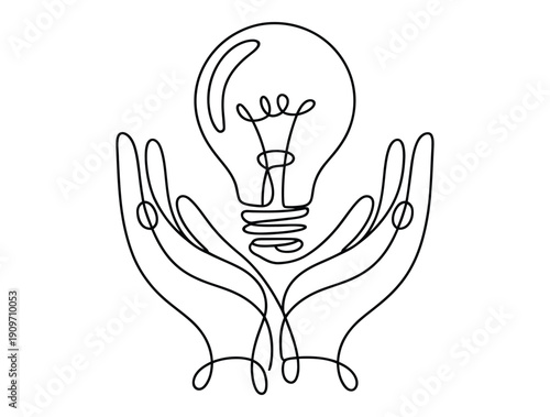  Minimal continuous line art hands holding light bulb isolated on white background, simple monochrome innovation and idea concept outline illustration for creativity and inspiration 