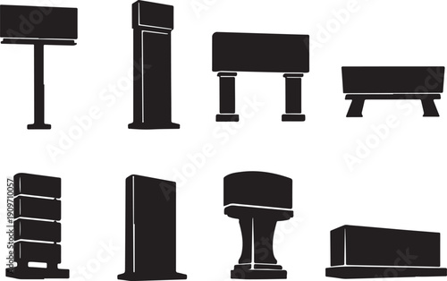 Billboard and Signage Vector Silhouette Set: Advertising Display Mockup Icons, Including Pylons, Street Stands, and Monument Signs for Corporate Branding and Promotion.