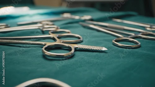 Close-up view of sterile surgical instruments on a green operating table drape.