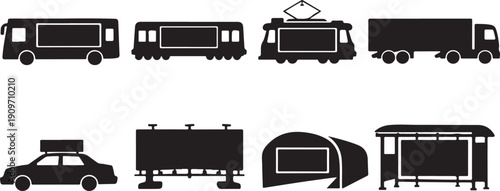 Outdoor Advertising Media Silhouettes: Set of Vector Icons Including Billboard, Bus Stop Shelter, Transit Vehicle Wraps, Truck Ads, and Taxi Toppers for Street Marketing Campaigns