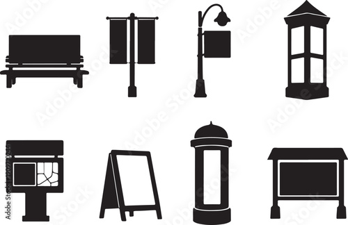 Black Silhouette Vector Icons Set of City Street Furniture and Public Information Boards: Includes Benches, Lampposts, Banners, Bulletin Boards, Advertising Kiosks, and A-Frame Signs.