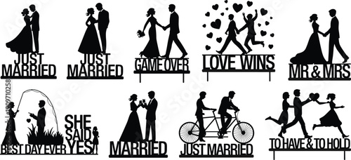 Wedding cake topper silhouette set with bride groom quotes love wins just married marriage celebration black vector illustration collection