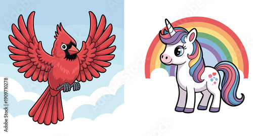Cute cartoon red cardinal and rainbow unicorn illustration, fantasy animal characters in sky background vector clipart for kids