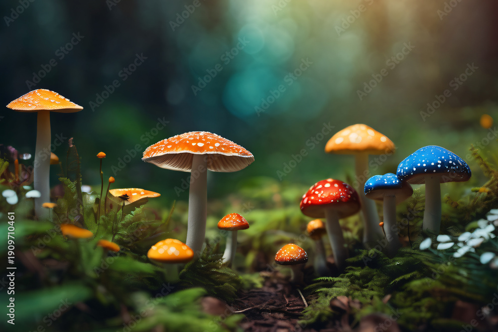 Fototapeta premium Bright red mushrooms in forest scenery. Enchanted woodland scene features vibrant red mushrooms with speckled caps nestled in green moss. Delicate wildflowers, including little blooms, dot forest floo