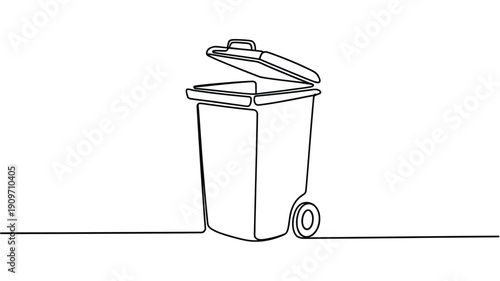  Minimal continuous line art trash bin with wheels isolated on white background, simple monochrome garbage container outline illustration for waste management and sanitation concept