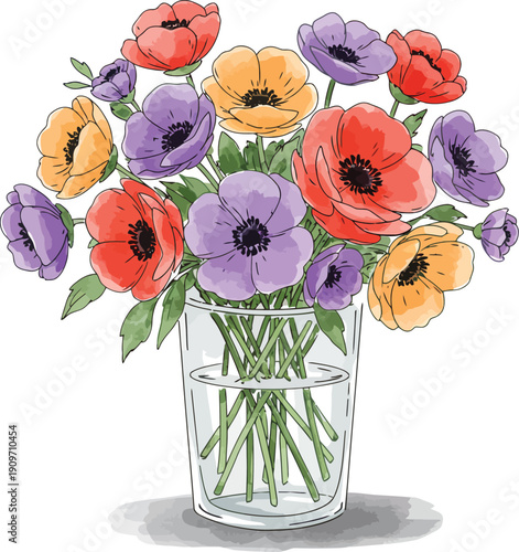 Colorful bouquet of tulips in a clear glass vase on white background