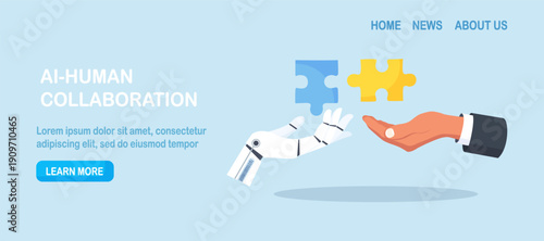 AI and human partnership, synergy. Human hand and robotic arm joining puzzle pieces. Collaboration with Artificial Intelligence to success together, implement AI to solve problem or get solution