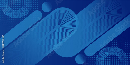 Abstract illustration in blue tones with a combination of geometric shapes, curved lines and dot patterns creates a dynamic impression.