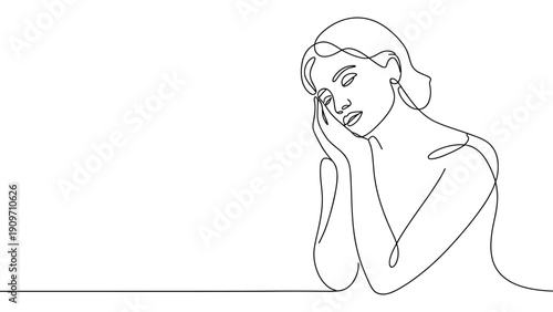 Minimal continuous line art portrait of sad young woman resting head on hand isolated on white background, emotional female outline illustration for mental health and stress concept 