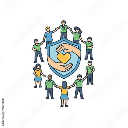 Diverse people holding hands around shield with caring hands and heart