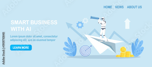 Robotic hand looking into telescope flying on paper airplane. Future business strategy and vision with AI. Artificial intelligence cyborg looking for opportunities with binocular. Analyze damage