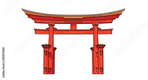 Vibrant red torii gate standing alone on white background