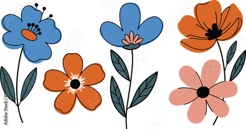 Colorful illustration of five flowers in blue orange and pink hues on white background
