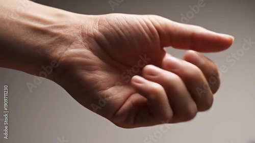 A close-up of a human hand, palm up, reaching outward with detailed skin texture