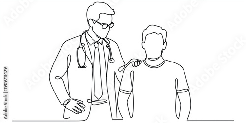 Doctor with Stethoscope Places Hand on Patient's Shoulder, Continuous Line Drawing