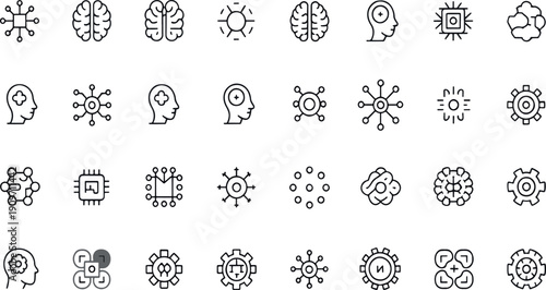 Print Minimalist Cognitive Science and Artificial Intelligence Icon Set Featuring Human Brain Neural Network Smart Chip and Digital Psychology Symbols