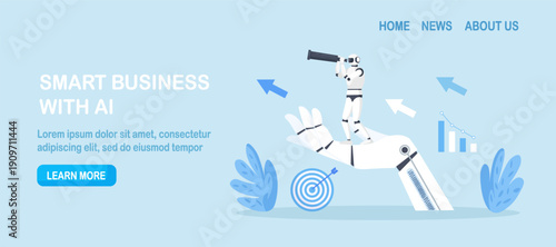 Robotic hand holds robot looking into telescope. Future business strategy and vision with AI. Artificial intelligence cyborg looking for opportunities with binocular. Analyze damage