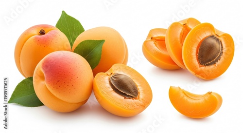 Fresh apricots with leaves and sliced apricots