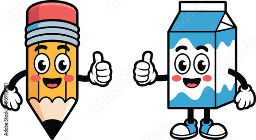 Cute cartoon pencil and milk carton characters illustration, funny school supplies mascots isolated on white background vector clipart