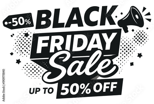Black friday sale promotion offering up to fifty percent off discounts on various items