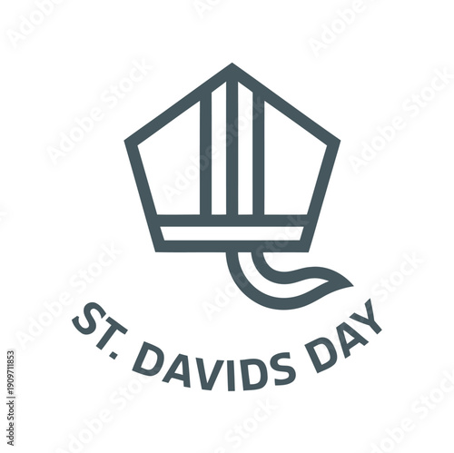 St. Davids Day minimalist emblem logo with traditional Welsh hat outline and curved typography, modern monochrome celebration symbol design on light background 