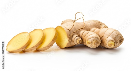 Fresh ginger root and sliced pieces on white surface