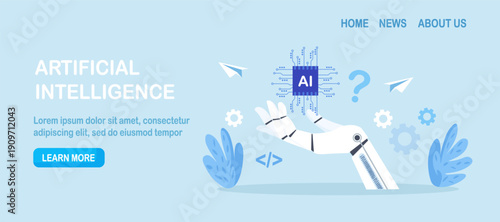 Robot hand holding microchip. Robotic arm with microprocessor. Artificial Intelligence electronics. AI semiconductor for machine learning. Chatbot assistant technology