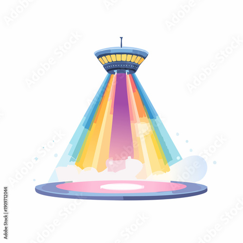 Colorful UFO landing beam with clouds and lights on white background
