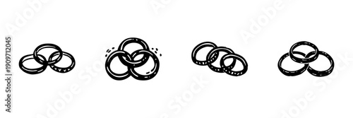 Interlocking Rings In Hand Drawn Style Set. Unity, Connection, And Partnership Symbol Doodle Sketch Collection. Wedding And Relationship Concept. Isolated Vector Illustration
