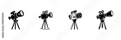 Vintage Film Cameras On Tripods In Hand Drawn Style Set. Cinematic Equipment, Filmmaking Tools, Retro Movie Production Doodle Sketch Collection. Isolated Vector Illustration