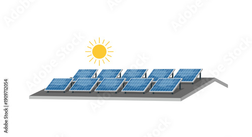 Solar panels installed on a rooftop under a bright yellow sun, illustrating renewable energy generation from sunlight.