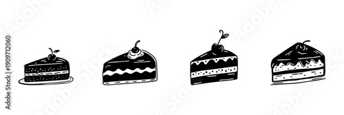 Cake Slice Illustrations In Hand Drawn Style Set. Dessert Variety, Sweet Treats, Bakery Doodle Sketch Collection. Cherry Topped, Layered Cakes. Isolated Vector Illustration