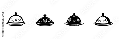 Decorative Food Cloche Icons In Hand Drawn Style Set. Culinary Presentation, Dining Aesthetics, Gourmet Serving Doodle Sketch Collection. Elegant Tableware Design. Isolated Vector Illustration
