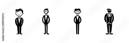 Tuxedo-Clad Men In Hand Drawn Style Set. Formal Attire, Wedding, Event, Celebration Doodle Sketch Collection. Elegant Fashion Illustration. Isolated Vector Illustration