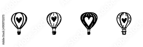 Hot Air Balloons With Heart Symbols In Hand Drawn Style Set. Romantic Adventure, Love, Travel Inspiration Doodle Sketch Collection. Whimsical Air Travel. Isolated Vector Illustration