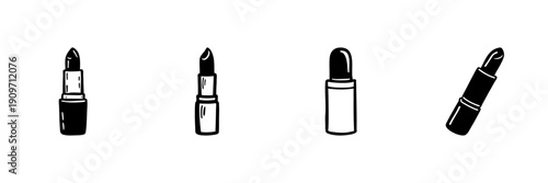 Lipstick Collection In Hand Drawn Style Set. Beauty And Makeup Essentials Doodle Sketch Collection. Cosmetic Product Variety. Isolated Vector Illustration