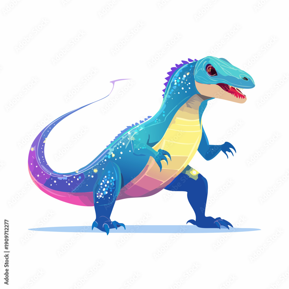 Fototapeta premium Vibrant, Star-Dusted Cartoon Dinosaur Illustration in Striking Blue, Purple, and Yellow Hues
